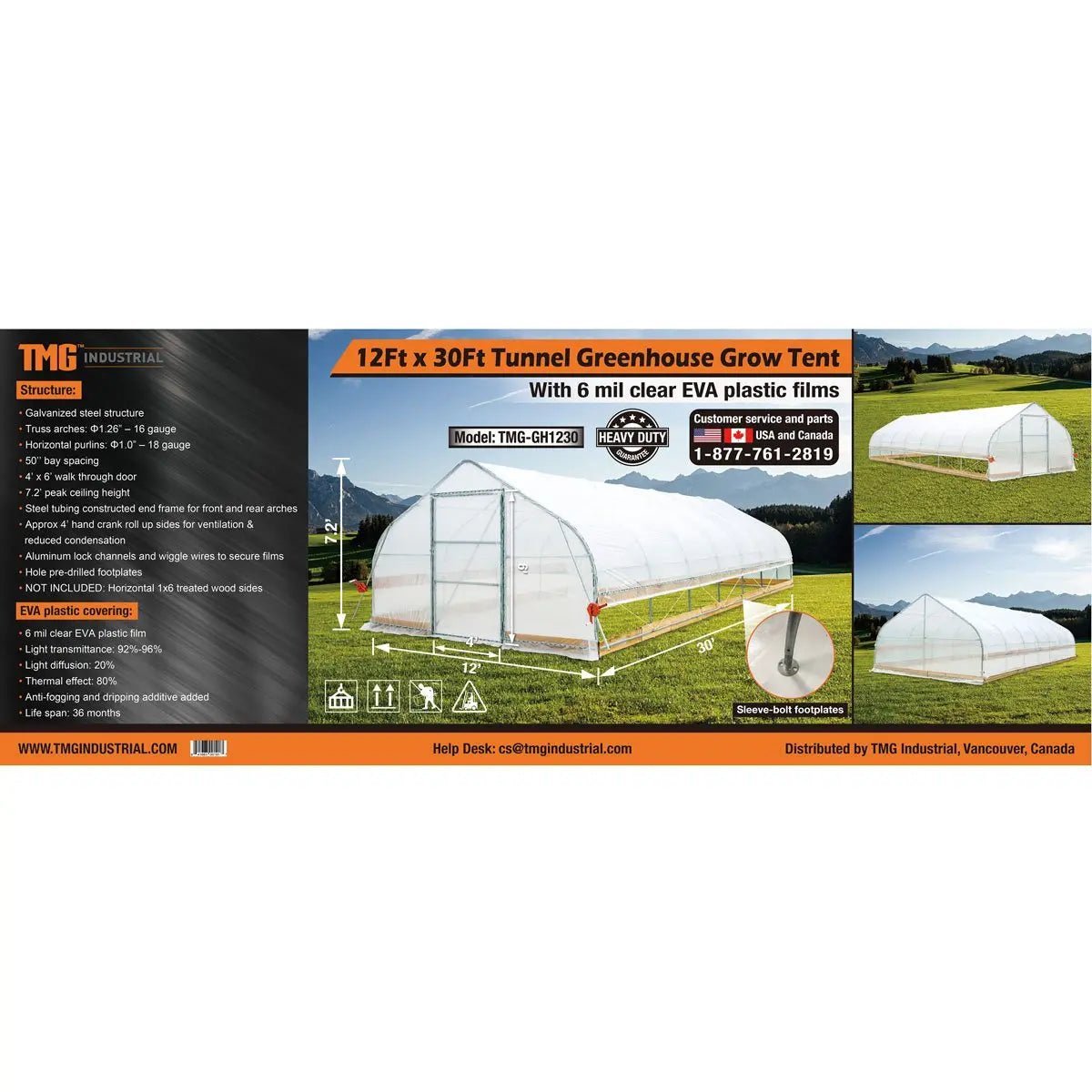 12’ x 30’ Tunnel Greenhouse Grow Tent w/6 Mil Clear EVA Plastic Film, Cold Frame, Hand Crank Roll-Up Sides, Peak Ceiling Roof, TMG-GH1230 - Image 14