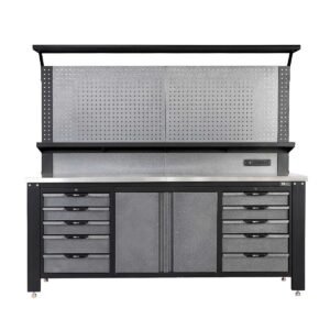 7’ Extreme Duty Steel Garage Workbench w/Pegboards, Adjustable Shelving, Power Outlets, USB Port, Magnetic Motion LED Lamps, TMG-WBC07