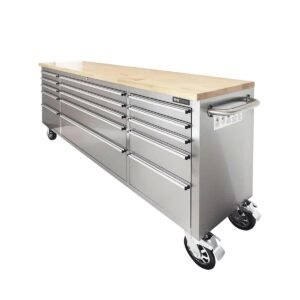 72" Stainless Steel Rolling Workbench, Rubberwood Tabletop, 15 Lockable Drawers, Locking Wheels, TMG-WB7215S