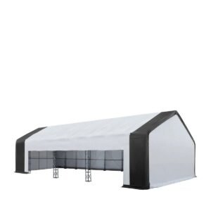80’ x 33’ Dual Truss Storage Shelter Workshop, (3) 19’ Wide Drive-Through Openings, Scaffolding-Style Door Frame Support, TMG-DT3380