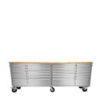 96" Stainless Steel Rolling Workbench, Rubberwood Tabletop, 24 Lockable Drawers, Locking Wheels, TMG-WB9624S