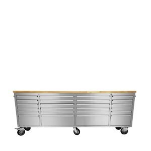 96" Stainless Steel Rolling Workbench, Rubberwood Tabletop, 24 Lockable Drawers, Locking Wheels, TMG-WB9624S