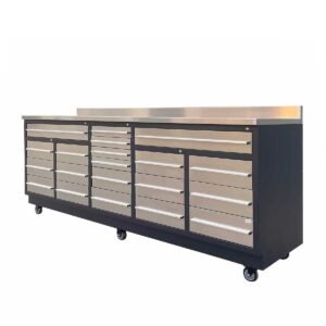 Pro Series 9' 20 Drawer Stainless Steel Workbench, Ball Bearing Double Slides & Casters TMG-WB921S (Previously WB21DS)