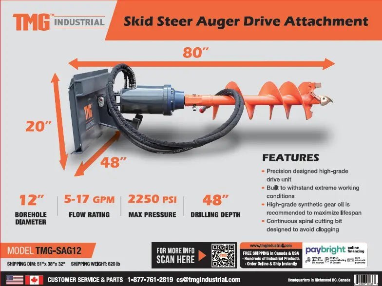 Skid Steer Post Hole Auger Drive Attachment, 12" Diameter Auger, 48" Drilling Depth, Standard Flow, TMG-SAG12 - Image 13
