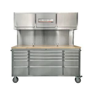 Stainless Steel 72" Rolling Workbench Cabinet Combo, 15 Lockable Drawers, Wall-Mounted Cabinets, Pegboard, Adjustable Shelving, TMG-WBC72S