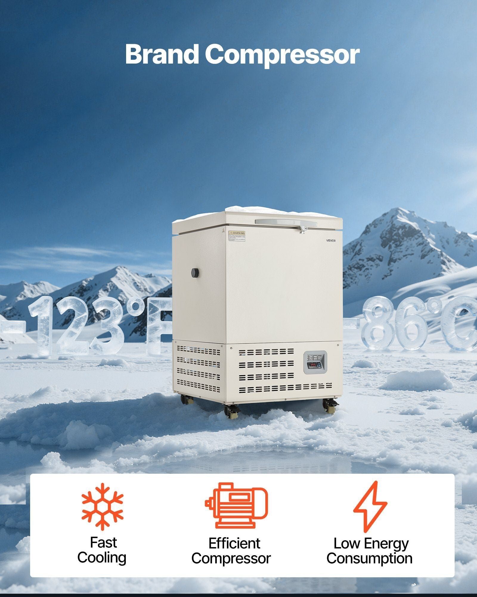 Ultra Low Temperature Freezer, 58 L, −40°F to −123°F Adjustable Temp Range, with Rollers and Digital Display, 304 Stainless Steel Liner, Low Temperature Lab Freezer for Laboratory Samples Storage - Image 6