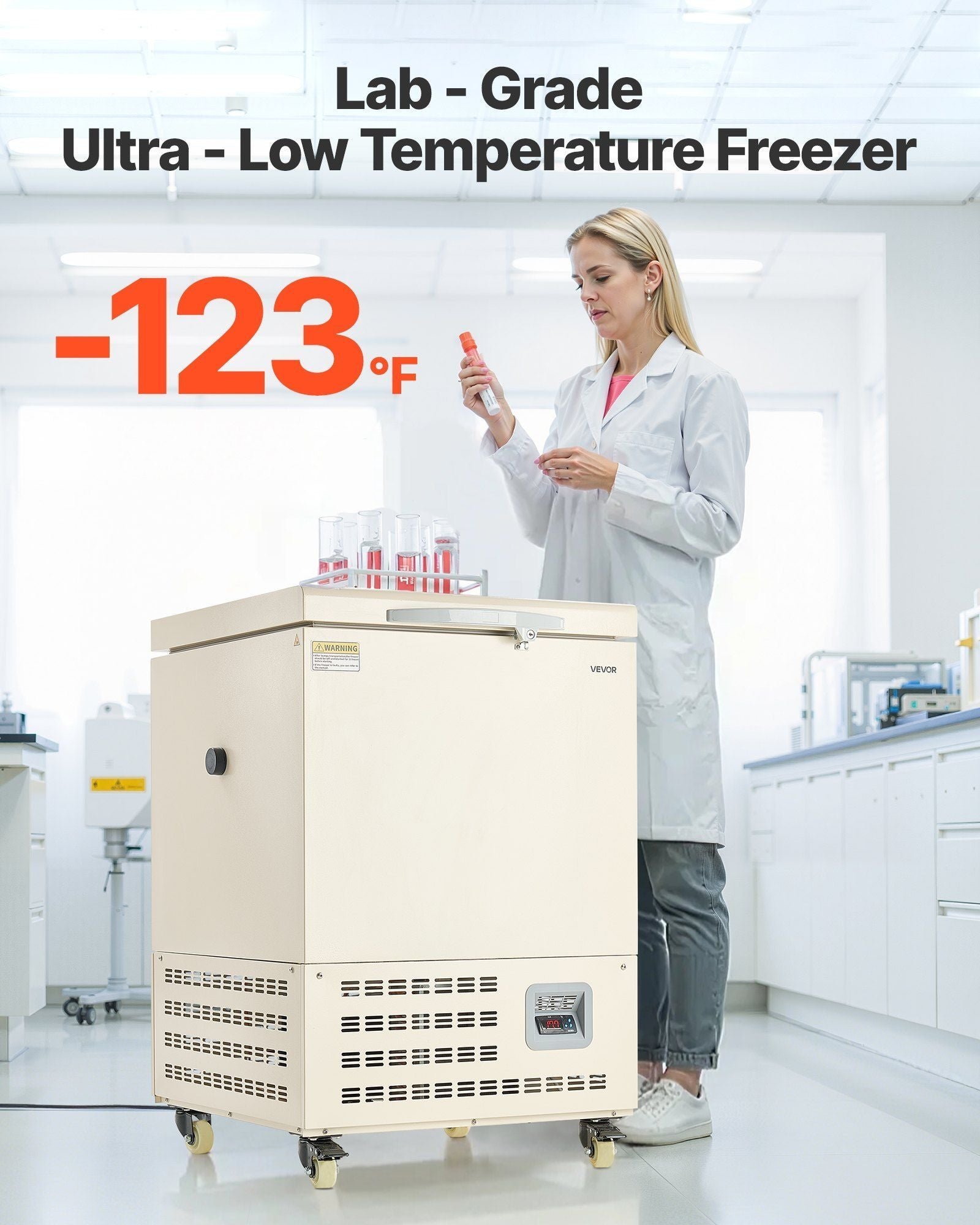 Ultra Low Temperature Freezer, 58 L, −40°F to −123°F Adjustable Temp Range, with Rollers and Digital Display, 304 Stainless Steel Liner, Low Temperature Lab Freezer for Laboratory Samples Storage - Image 2
